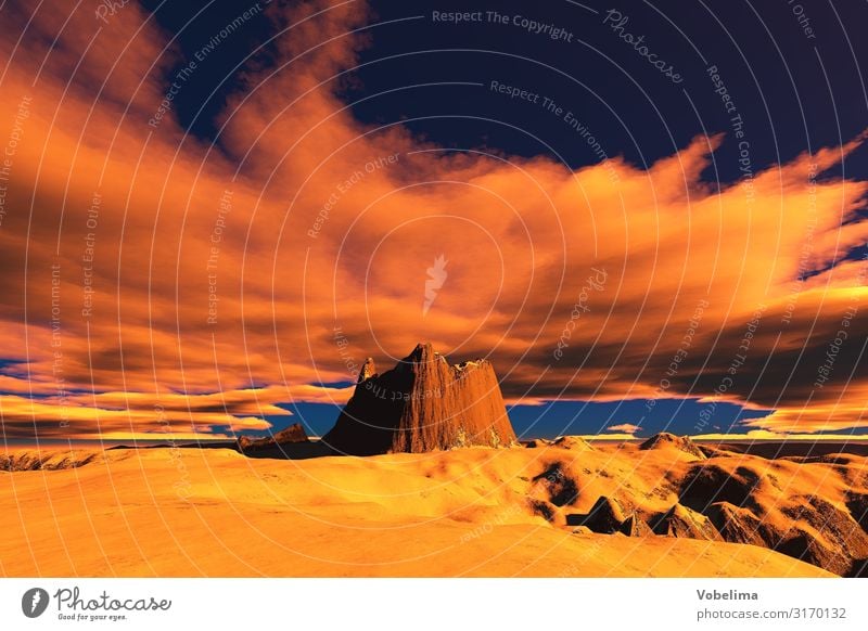 Gerendertes Bild: Berge bei Sonnenaufgang/Sonnenuntergang Landschaft Wolken Berge u. Gebirge Gipfel blau braun orange rosa rot schwarz Experiment Menschenleer