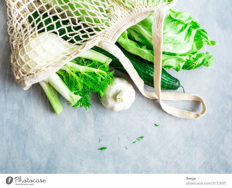 Grünes Gemüse in einer wiederverwendbaren Einkaufstasche Lebensmittel Salat Salatbeilage Zuckerhut Gurke Fenchel Ernährung Bioprodukte Vegetarische Ernährung