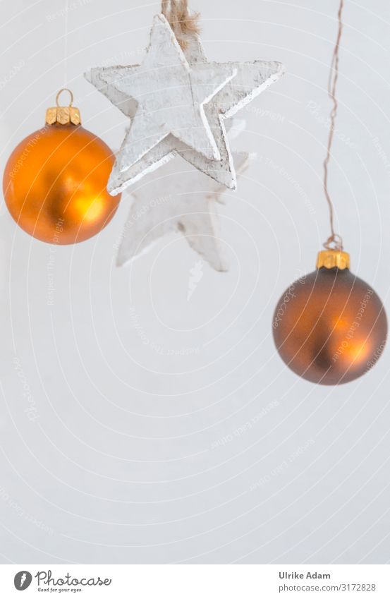 Weihnachtsdeko Design Postkarte Weihnachten & Advent Dekoration & Verzierung Metall Gold Kugel Stern (Symbol) hängen hell weiß Stimmung Idee Mobile Holz