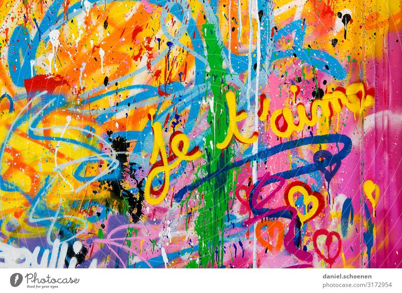 je t´aime Glück Kunst Gemälde Jugendkultur Zeichen Schriftzeichen Graffiti Herz Fröhlichkeit trendy blau mehrfarbig gelb grün violett orange rosa rot Gefühle