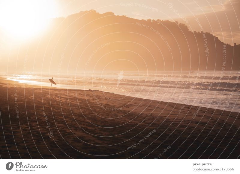 Wellenreiten gehen Strand Meer Wassersport 1 Mensch 18-30 Jahre Jugendliche Erwachsene Sand Sonne Sonnenaufgang Sonnenuntergang Sonnenlicht Küste Bucht Sport