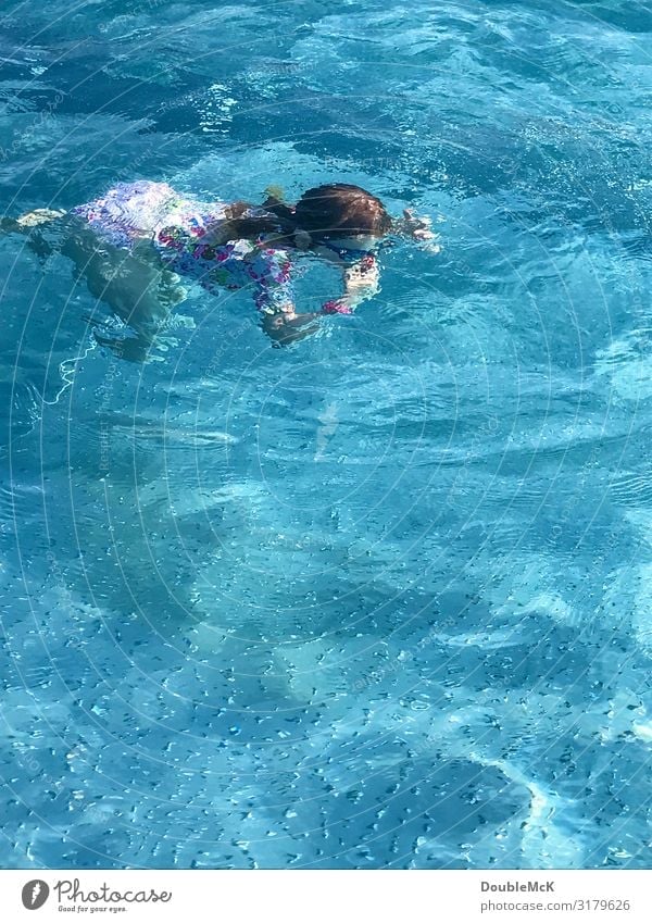 Mädchen taucht unter Wasser und hält sich die Nase zu Schwimmbad Schwimmen & Baden Sommer Mensch feminin Kind Kindheit 1 3-8 Jahre tauchen nass Wärme blau