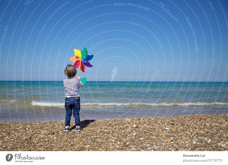 Kind von hinten hält ein buntes Windrad vor das Meer Freude Sommer Strand Mensch maskulin Junge Kindheit Körper 1 3-8 Jahre Umwelt Landschaft Wasser Himmel