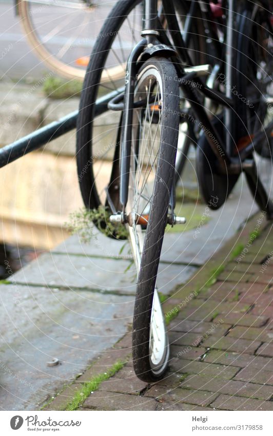Detailaufnahme eines kaputten Fahrrades mit einer 8 im Rad am Straßenrand Amsterdam Stadt Pflastersteine Geländer Stein Metall stehen alt authentisch