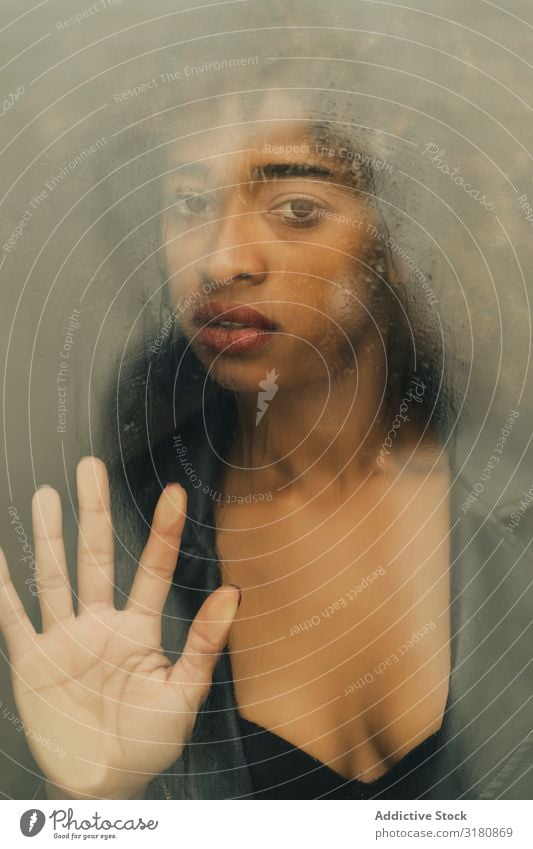 Schwarze Frau hinter nassem Glas Porträt Fenster Blick in die Kamera Leidenschaft heimwärts Afroamerikaner Jugendliche verführerisch aufreizend Vorspiel Wunsch