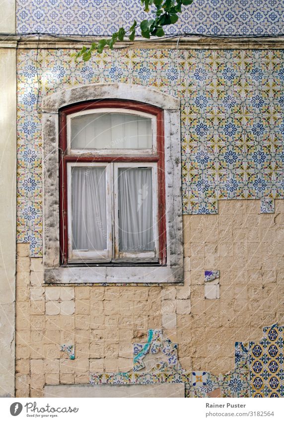 Fenster an verwitterter Wand mit Kacheln in Lissabon Städtereise Portugal Stadtzentrum Altstadt Mauer Fassade Fliesen u. Kacheln Stein Glas retro mehrfarbig