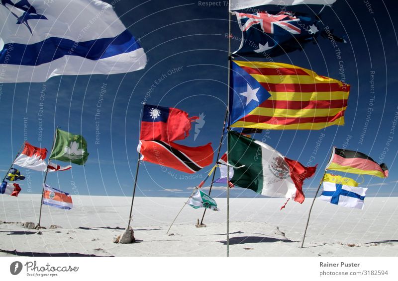 Zahlreiche Flaggen in Salar de Uyuni, Bolivien Ausflug Abenteuer global Globalisierung Wüste Salzwüste mehrfarbig Horizont Politik & Staat Zusammenhalt