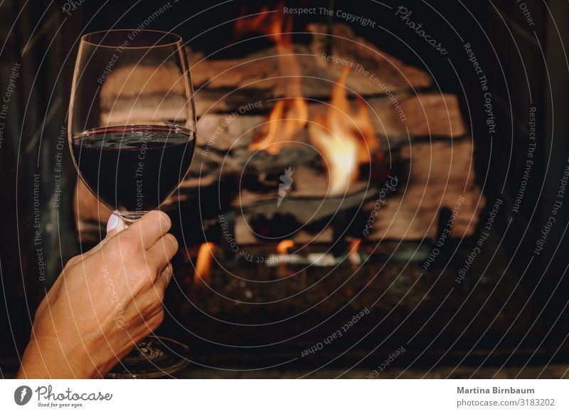 Ein Glas Rotwein vor einem brennenden Kaminofen Alkohol Lifestyle Erholung Freizeit & Hobby Winter Haus Weihnachten & Advent Frau Erwachsene Hand Wärme dunkel
