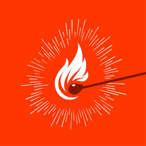 grafische Darstellung eines beleuchteten Holzstreichholzes Design Kunst heiß hell rot Logo Streichholz Vektor Zündholz Feuer Ikon kleben Grafik u. Illustration