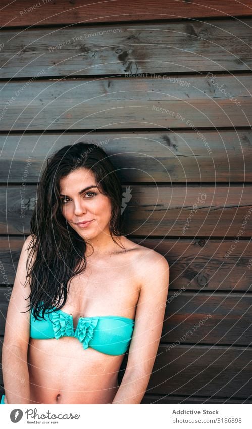 Junge Frau, die an einer Holzwand posiert. Mädchen Körperhaltung Wand nass Behaarung Bikini Lächeln attraktiv Zufriedenheit hübsch Sommer genießen