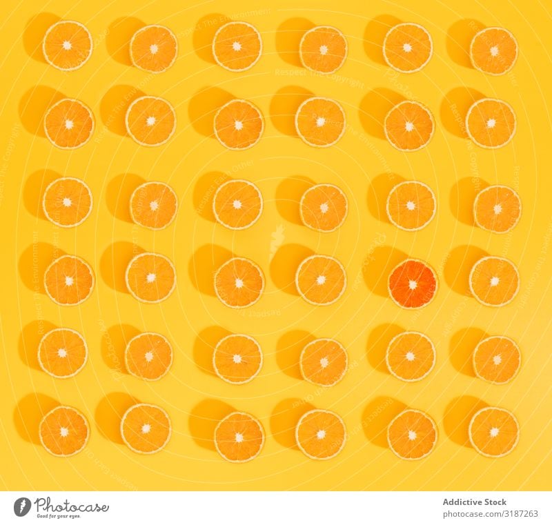 Geschnittener orange-gelber Hintergrund Orange Frucht süß Zitrusfrüchte Vitamin Scheibe organisch Lebensmittel Gesundheit saftig frisch Diät natürlich