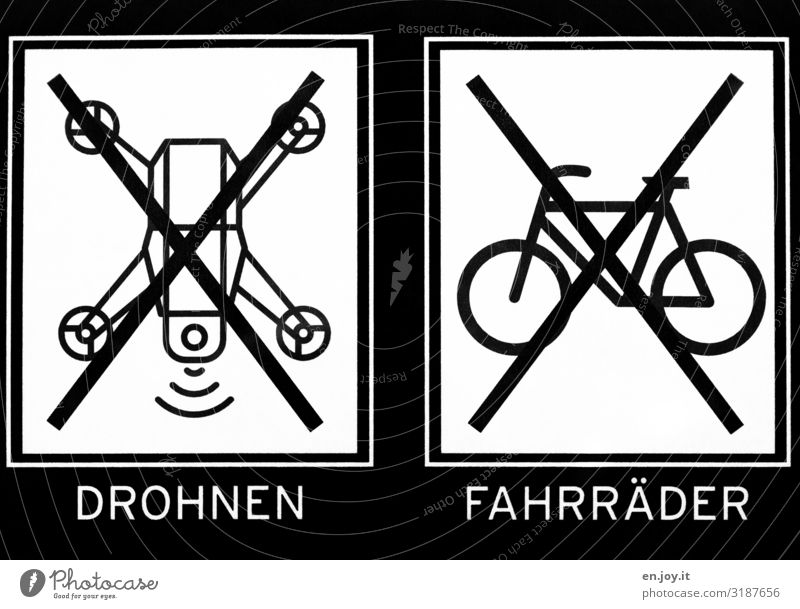 VERBOTEN Zeichen Schriftzeichen Schilder & Markierungen Hinweisschild Warnschild Aggression Kontrolle Schutz Überwachung Verbote Drohne Fahrrad Verbotsschild