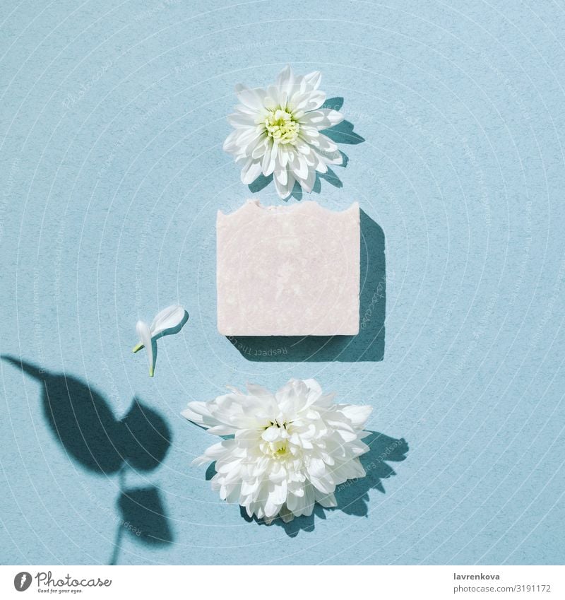 Minimalistischer Flachleger aus handgemachter Seife mit Blumen und Blütenblättern Bars Schwimmen & Baden Beautyfotografie Körper Körperpflege Chrysantheme