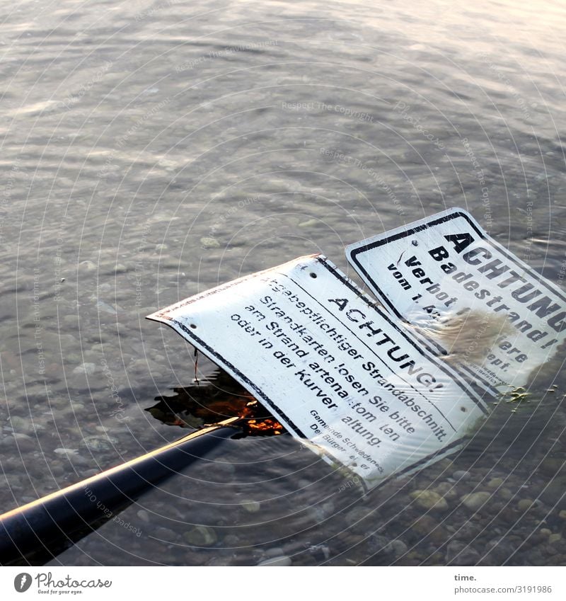 Problemlösung Wasser Schönes Wetter Wellen Küste Ostsee Stein Schriftzeichen Schilder & Markierungen Hinweisschild Warnschild liegen maritim rebellisch Kraft