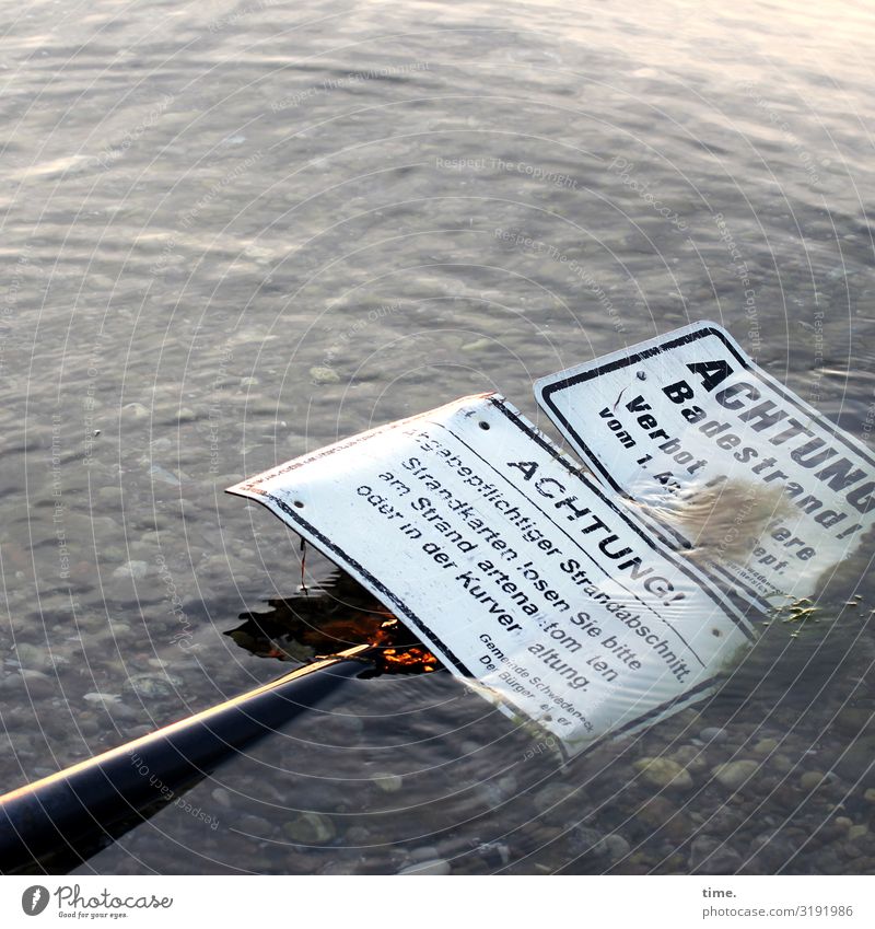 Problemlösung Wasser Schönes Wetter Wellen Küste Ostsee Stein Schriftzeichen Schilder & Markierungen Hinweisschild Warnschild liegen maritim rebellisch Kraft