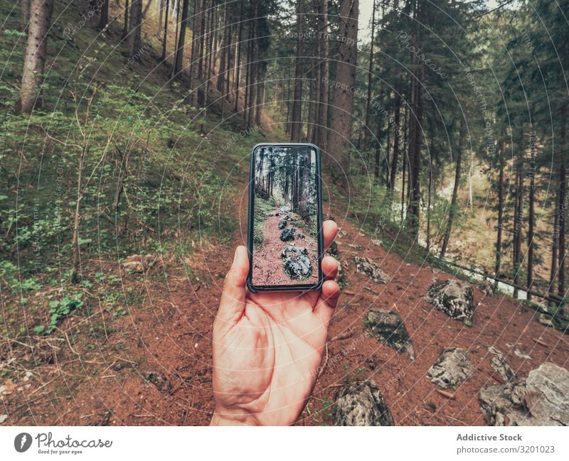 Wanderer beim Fotografieren im Wald fotografierend laufen Reisender malerisch Fußweg Alpen Dolomiten Italien Lifestyle PDA Technik & Technologie digital