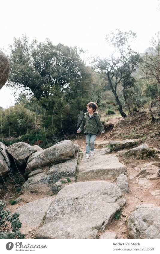Junge geht auf felsigem Hügel Natur Spaziergang laufen Felsen Ferien & Urlaub & Reisen Kind Unbekümmertheit Landschaft abwärts Abenteuer Aktion Kindheit klein
