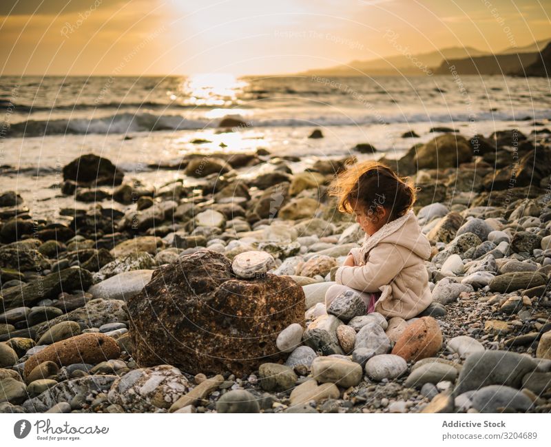 Mädchen am Felsstrand sitzend Spielen Stein Strand Kleinkind Interesse niedlich Kindheit Seeküste Verstand Kreativität Gelassenheit Küste
