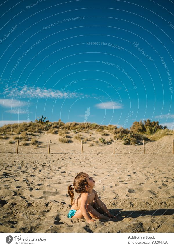 Mädchen spielt am Strand an einem sonnigen Tag Spielen Sonnenstrahlen Kleinkind Sand reizvoll Seeküste Küste Kindheit Gelassenheit Ferien & Urlaub & Reisen