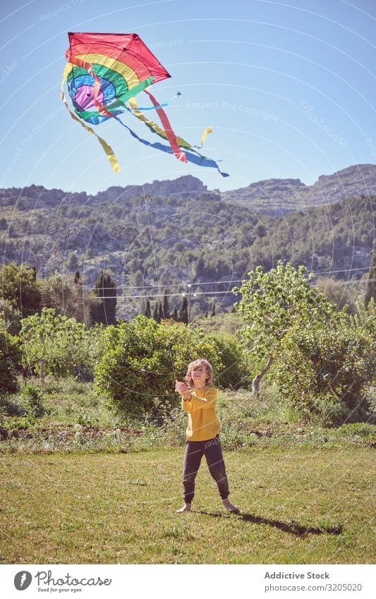 Junge startet Drachen am Sommertag Lenkdrachen Himmel Freude Kindheit Spielen fliegen Landschaft klein Mensch Aktion spielerisch lässig Unbekümmertheit heiter