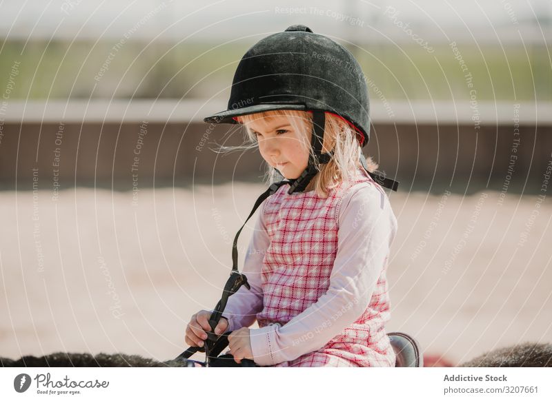 Kleines Mädchen reitet Pferd auf dem Hippodrom Sport Mitfahrgelegenheit Porträt Rennbahn Reiterin Kind üben Kindheit lernen bezaubernd wenig Jockey ländlich