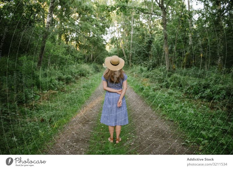 Junge Frau steht zwischen Kiefern Wald Straße lässig erkunden Wälder sorgenfrei Spaziergang Strohhut sonnig blond Umwelt nadelhaltig nida Litauen schlendern