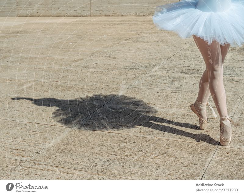 Ballerina auf Zehenspitzen stehend klassische Position außen Schatten Tanzen Eleganz Tänzer Flexibilität Balletttänzer posierend Übung schön Frau Gleichgewicht