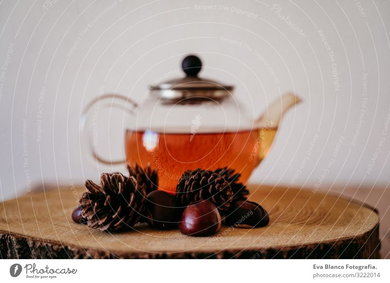 Teekanne mit Tee auf einem Holztisch. Daneben Ananas und Kastanien. Morgens, tagsüber. Herbst-Saison braun Innenaufnahme Menschenleer heimwärts Haus Tag