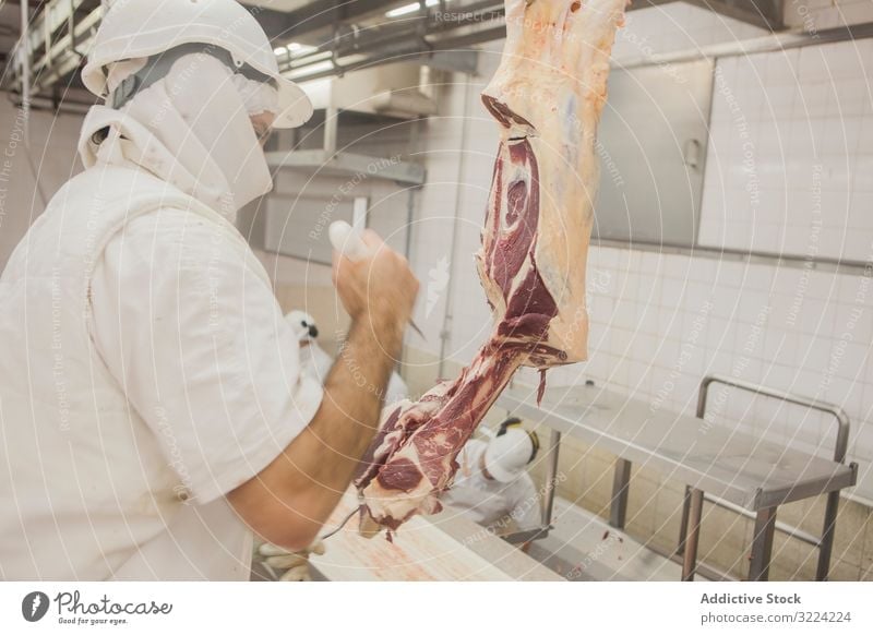 Metzger in einheitlicher Zerlegung des Schlachtkörpers mit Messer im Schlachthof geschnitten Fleisch Uniform roh frisch Rindfleisch Metzgerei hacken Schneiden