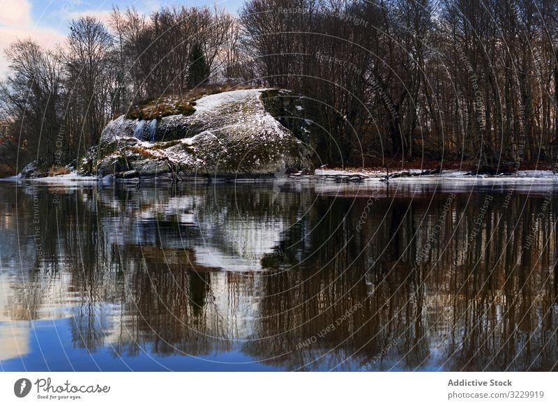 Vereistes Flussufer mit kahlen Bäumen gefrostet Baum unverhüllt Schnee laublos Wasser Norwegen noch Reflexion & Spiegelung Stein Silhouette Blauer Himmel