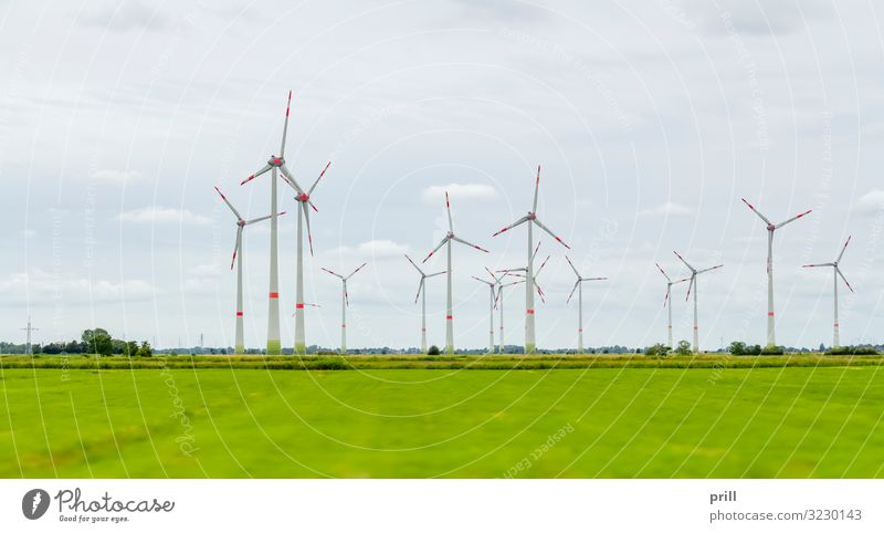 Wind farm in East Frisia Sommer Wohnung Windkraftanlage Landschaft Wolken Horizont Gras Wiese Küste nachhaltig Ostfriesland Landkreis Friesland kraftwerk
