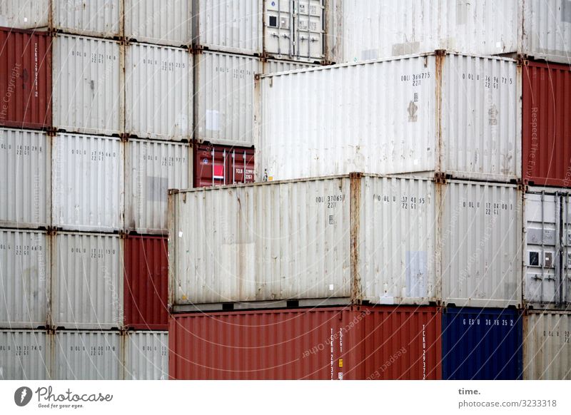 Tetris Arbeit & Erwerbstätigkeit Arbeitsplatz Güterverkehr & Logistik Dienstleistungsgewerbe Container Metall Linie Streifen dunkel eckig trashig Stadt rot weiß