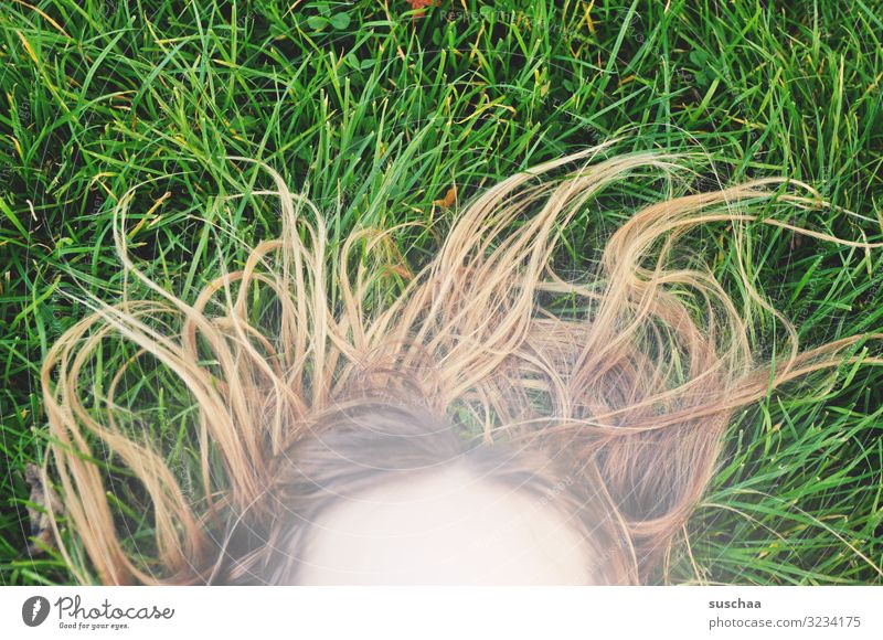 sommerhaare Sommer Gras Haare & Frisuren haarig seltsam Gesicht Stirn Kind Mädchen Außenaufnahme Rasen grün ungekämmt wild durcheinander Freude Spielen toben