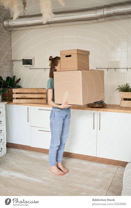 Junge Frau trägt große Kartonschachteln ins Haus Container Anwesen führen bewegend Kasten Schachtel verlegen heimwärts Haushalt Paket Appartement Versand