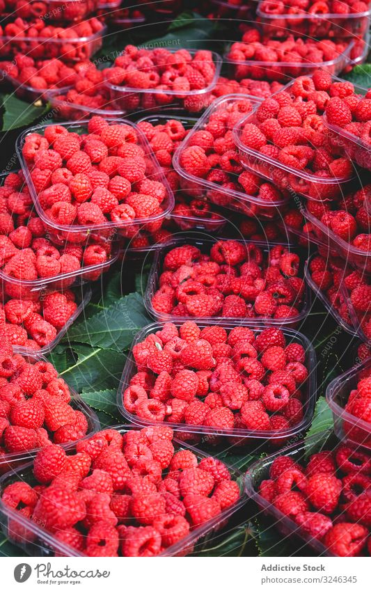 Straßenmarkt des Sortiments an frischem Obst und Gemüse Himbeeren rot Lebensmittel Markt Frucht organisch gesunde Ernährung farbenfroh grün Verkaufswagen