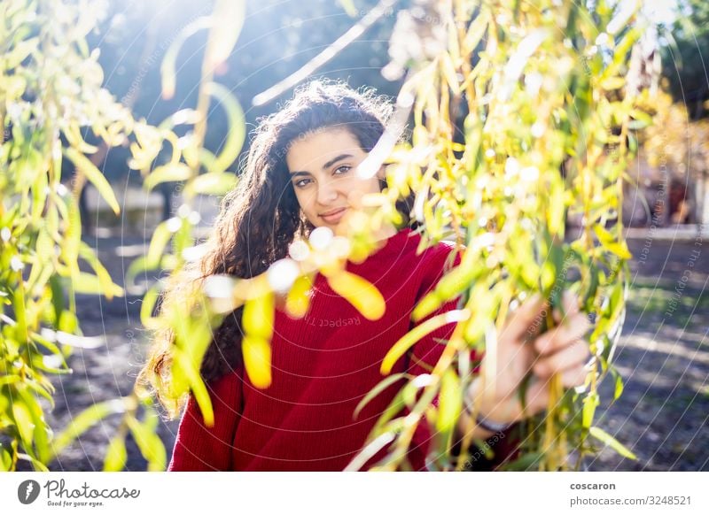 Porträt einer jungen Frau mit rotem Pullover Lifestyle Stil Glück schön Garten Schulkind Mensch feminin Junge Frau Jugendliche Erwachsene 1 13-18 Jahre Natur
