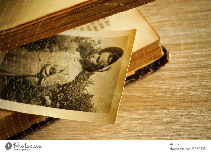 altes Papierbild steckt in einem alten Buch Freizeit & Hobby lesen Junge Frau Jugendliche Leben authentisch historisch retro Gefühle Romantik Neugier Trauer