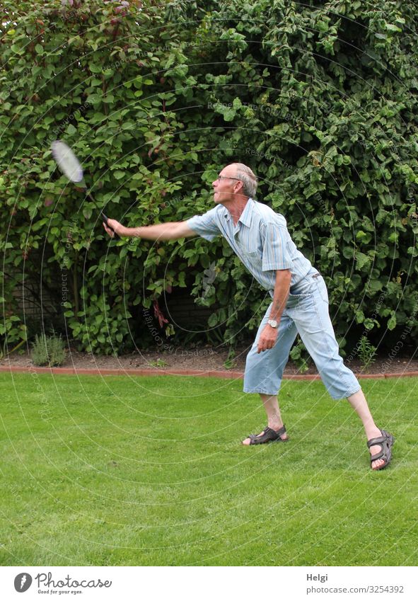 männlicher Senior spielt im Sommer Federball im Garten Freizeit & Hobby Spielen Federballschläger Fitness Sport-Training Badminton Mensch maskulin Mann