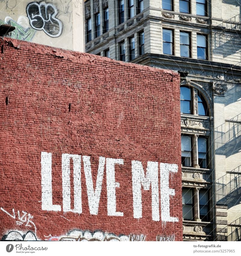 Love me, Backstein! New York City Manhattan USA Haus Mauer Wand Fassade Stein Zeichen Schriftzeichen Graffiti Liebe Stadt braun Beginn Partnerschaft Einsamkeit