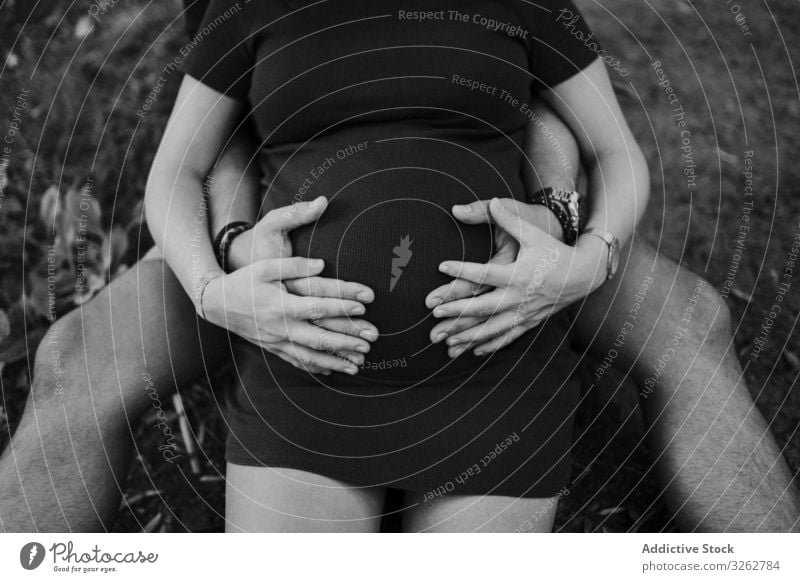Erwartendes Paar, das Hände auf dem Bauch hält schwanger Umarmen Umarmung Gras sitzen Park Glück Natur erwartend Schwangerschaft Liebe Mutterschaft Leben
