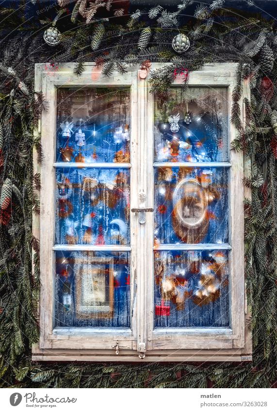 Frohe Weihnachten Fenster glänzend Kitsch blau braun grün rot weiß Weihnachten & Advent Tannenzweig geschmückt Holzfenster Weihnachtsdekoration Zapfen