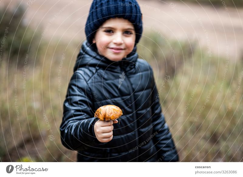 Ein kleines Kind mit einem Pilz. Fokus auf Pilz Ernährung Bioprodukte Vegetarische Ernährung Lifestyle Glück schön Gesicht Winter Berge u. Gebirge wandern