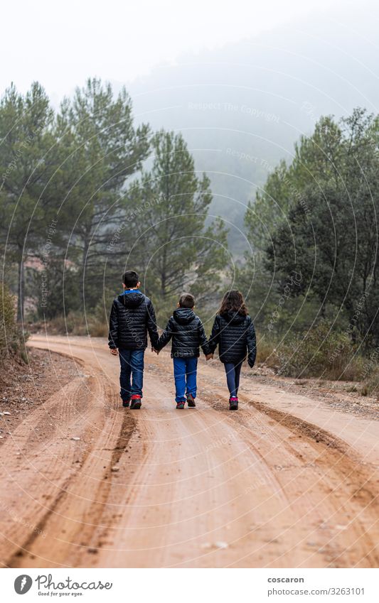 Drei Kinder halten sich auf einer nebligen Strasse an den Händen Lifestyle Ferien & Urlaub & Reisen Tourismus Ausflug Abenteuer Winter Berge u. Gebirge wandern