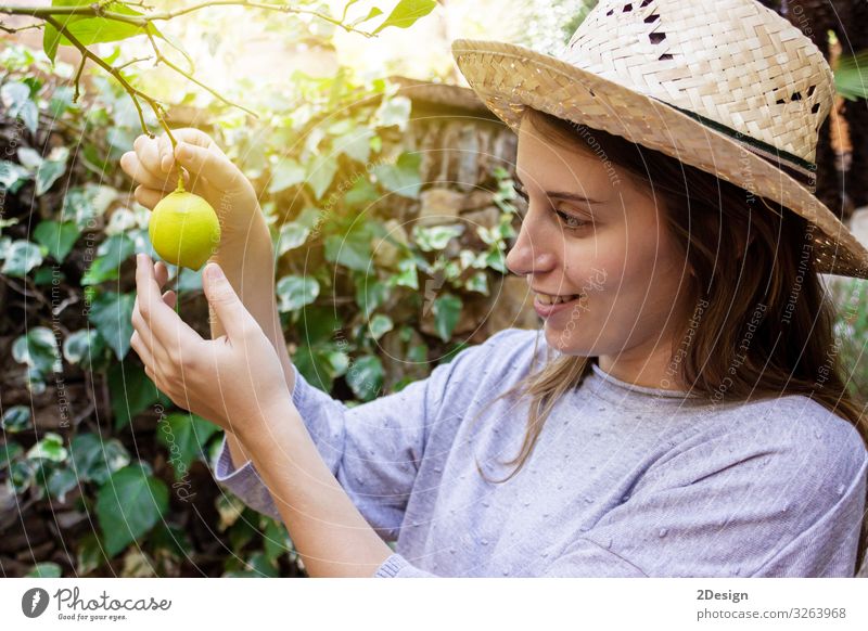 Junge glückliche Frau mit Hut bei der Arbeit im Garten Kaukasier Lifestyle 1 im Freien Pflanze Gartenarbeit Person Sommer jung Menschen Natur Glück Erwachsener
