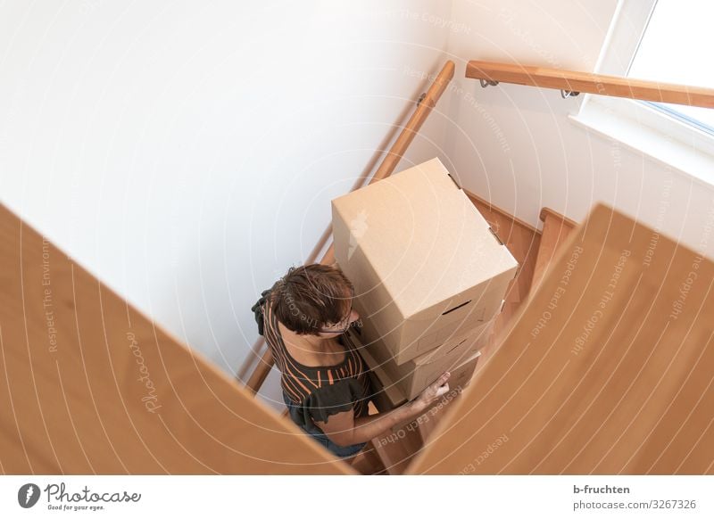 Frau mit Umzugskartons auf einer Holztreppe Büro Erwachsene 1 Mensch 30-45 Jahre Verpackung Paket Kasten Arbeit & Erwerbstätigkeit festhalten Treppe Karton