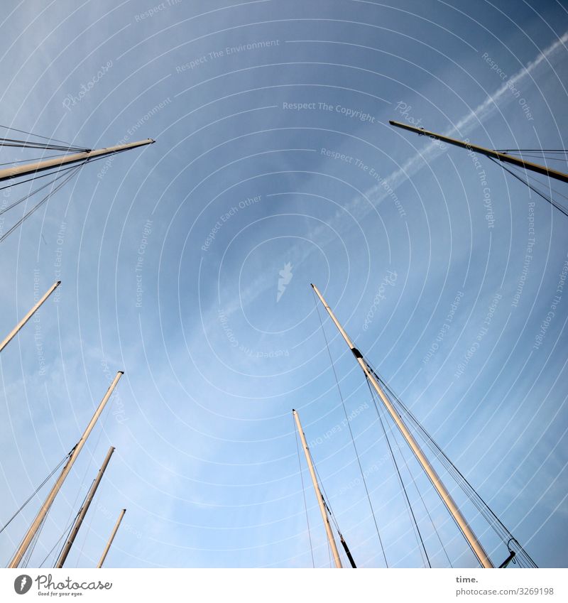 Halswirbelsäulentraining (XXVIII) Himmel Wolken Schönes Wetter Schifffahrt Segelboot Segelschiff Hafen An Bord Mast Seil Tau Stab Holz Metall Kunststoff Linie