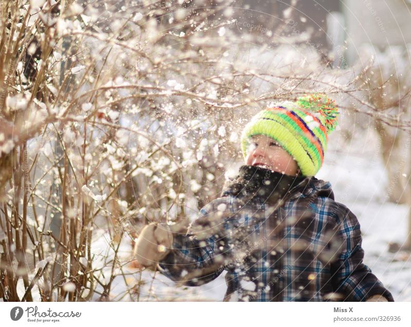 Winter Spielen Kinderspiel Mensch Kleinkind Kindheit 1 1-3 Jahre 3-8 Jahre Schnee Schneefall Mütze Lächeln lachen kalt niedlich Gefühle Stimmung Freude