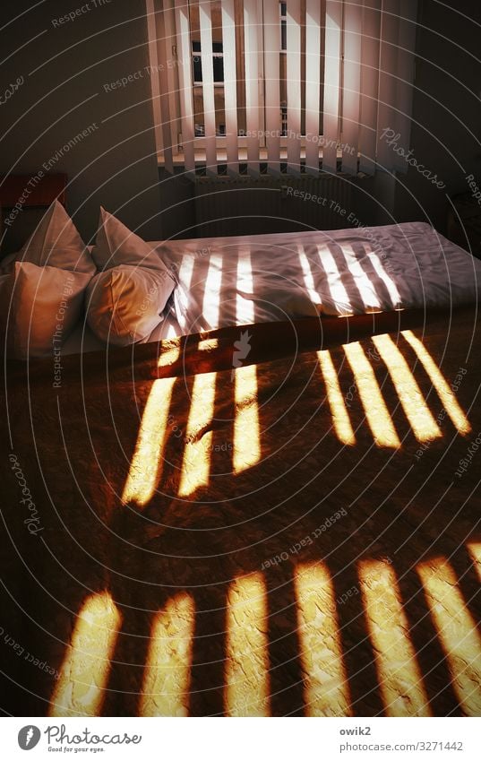 Deckenbeleuchtung Schlafzimmer Fenster Bett Bettwäsche Kissen Jalousie Lamellenjalousie leuchten Zusammensein kuschlig gemütlich Lichteinfall Linie parallel