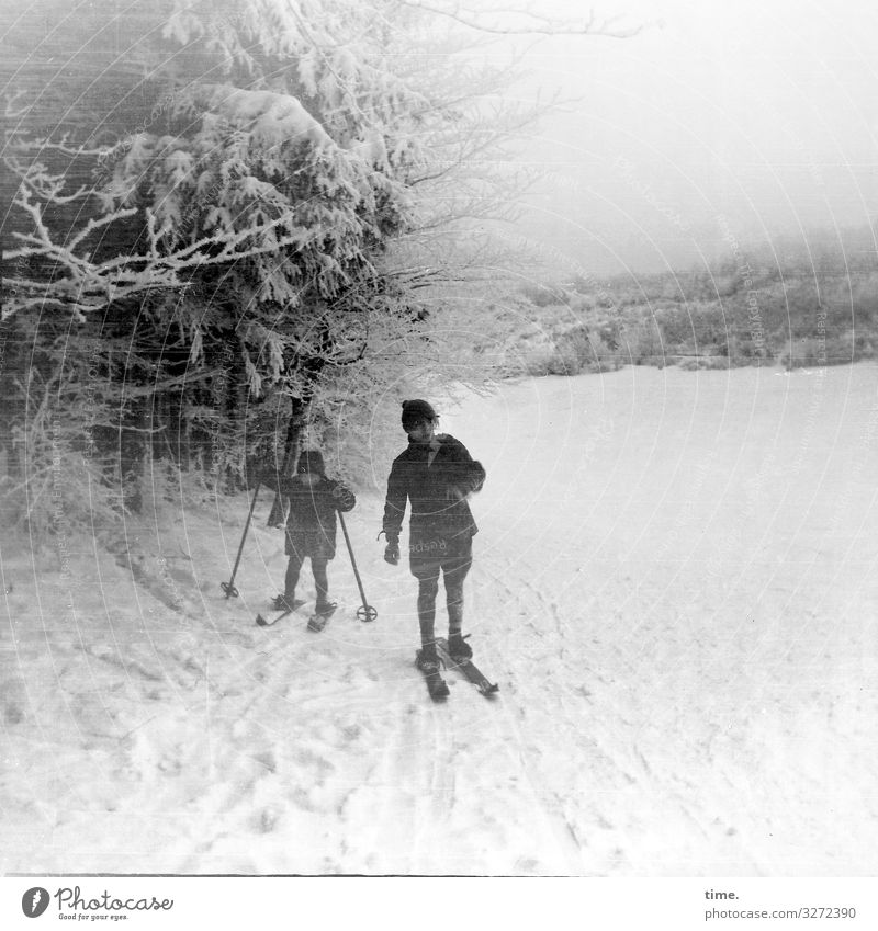 Wintersport Sport Fitness Sport-Training Skier Skipiste maskulin 2 Mensch Schnee Baum Berge u. Gebirge Harz Berghang Hose Jacke Mantel Mütze fahren stehen kalt