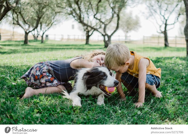 Liebenswerter Junge und Mädchen umarmen flauschigen Hund mit Ball im Maul auf Gras Kinder umarmend Garten Freund Haustier Kuscheln Sommer Freundschaft
